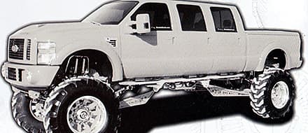 Lifted Ford truck from the Diesel Wheels Super Single Series catalog spread