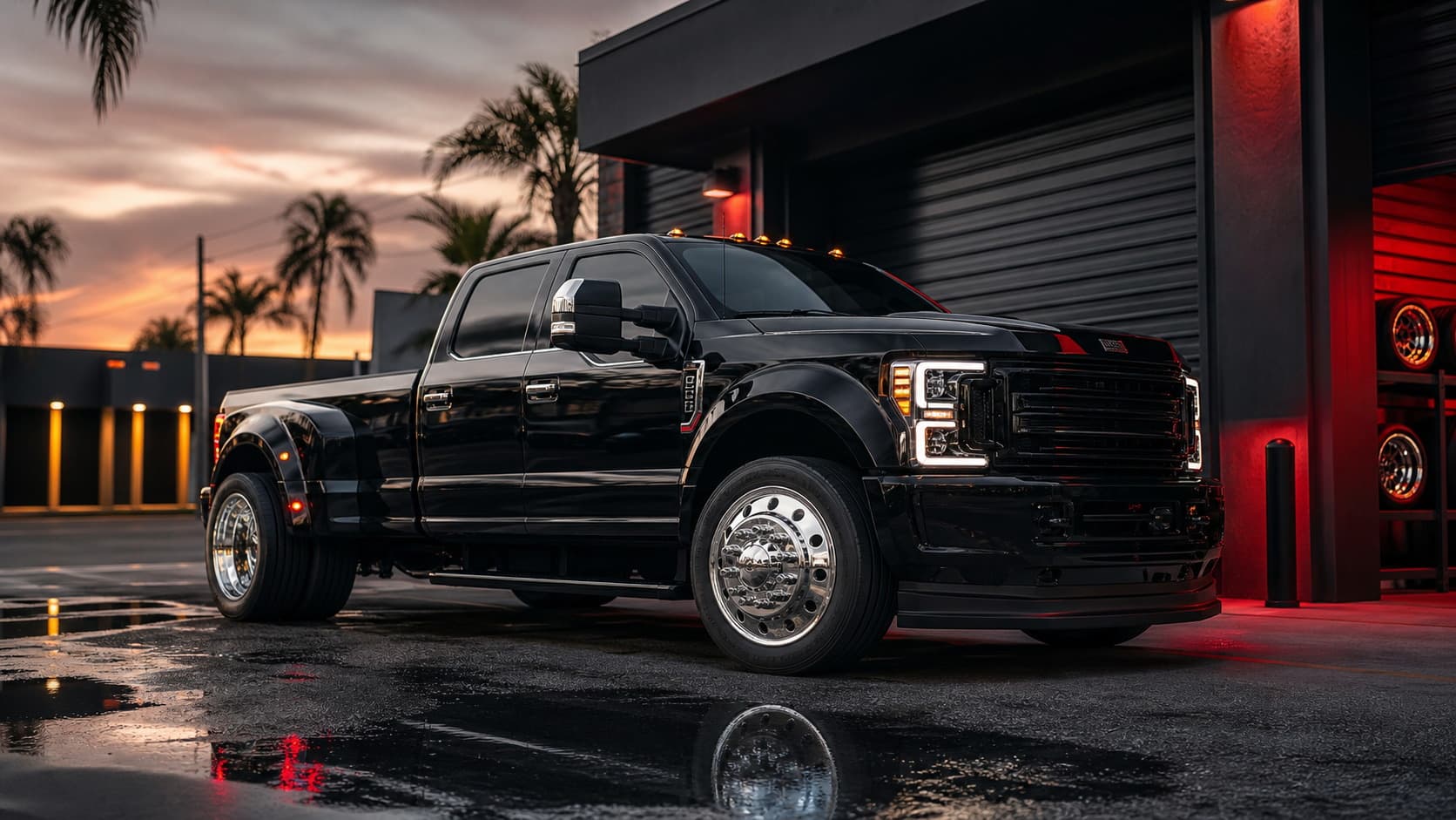 Cinematic black dually truck atmosphere image for Diesel Wheels homepage